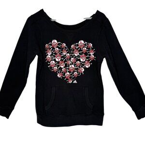 Adidas Football Skulls Print Heart Shape Black Sweatshirt Sz M Kangaroo Pockets